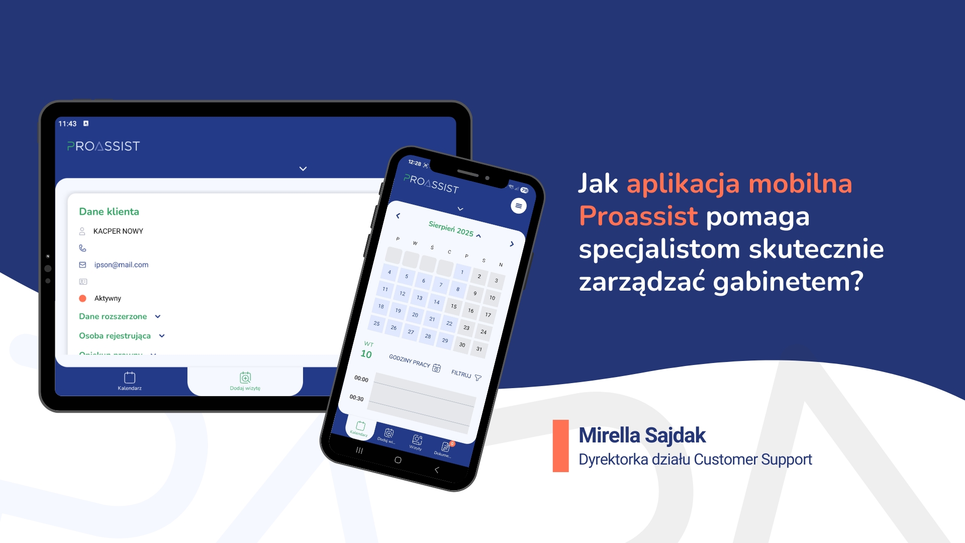 Interfejs mobilnej aplikacji Proassist z kalendarzem i danymi klienta na tablecie i smartfonie.