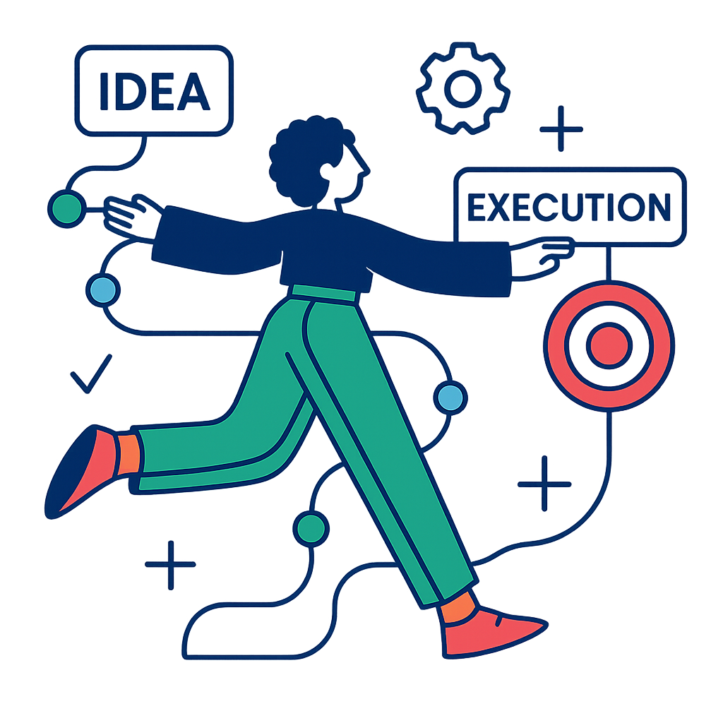 Osoba łącząca napisy IDEA i EXECUTION z symbolem celu w tle, ilustrująca proces od pomysłu do realizacji.