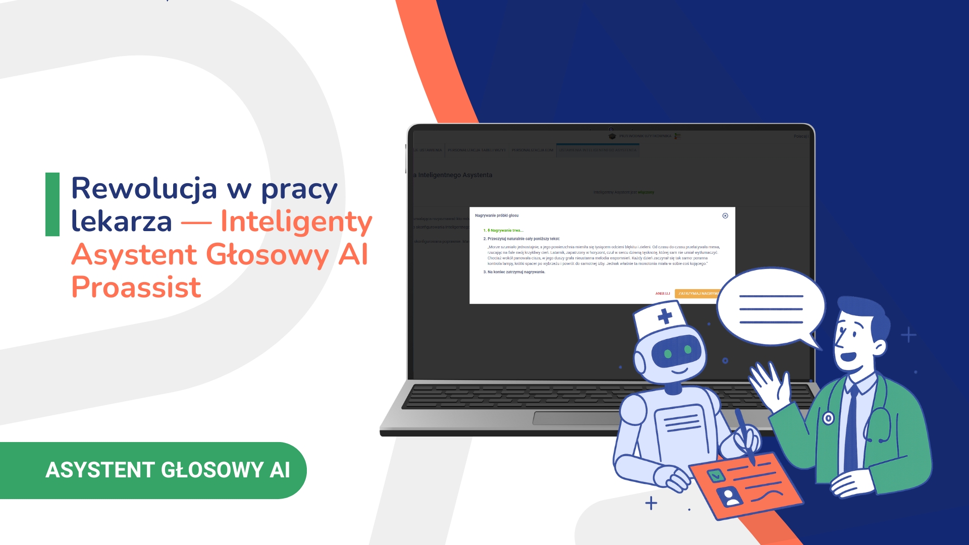 Reklama asystenta głosowego AI Proassist z laptopem i grafiką robota i lekarza.