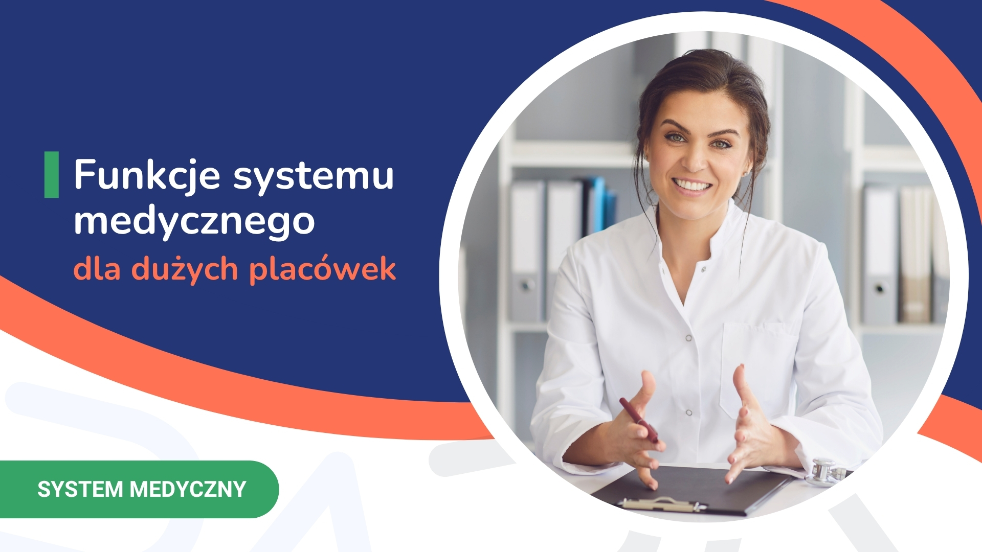 Lekarka w białym fartuchu rozmawiająca przy biurku w nowoczesnym gabinecie medycznym.