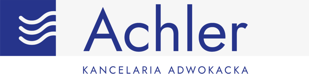 Logo firmy Achler z napisem Kancelaria Adwokacka i niebieskim kwadratem z trzema falistymi liniami.