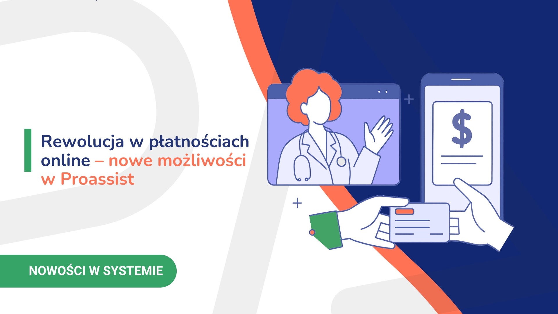 Ikona lekarza, karta płatnicza i telefon z symbolem dolara promujące płatności online w Proassist.