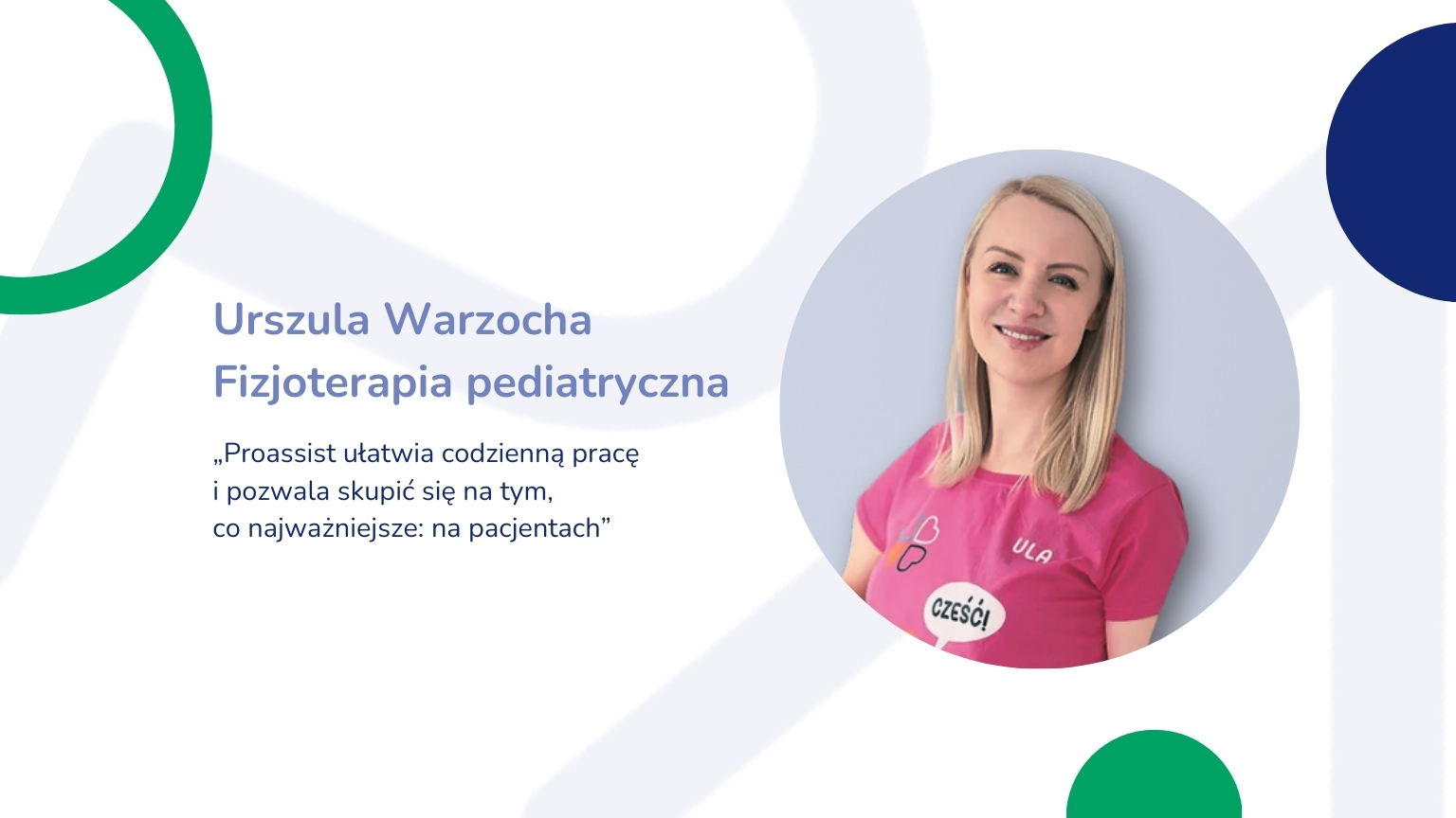 Portret Urszuli Warzocha, fizjoterapeutki pediatrycznej, na okrągłym tle z cytatem.