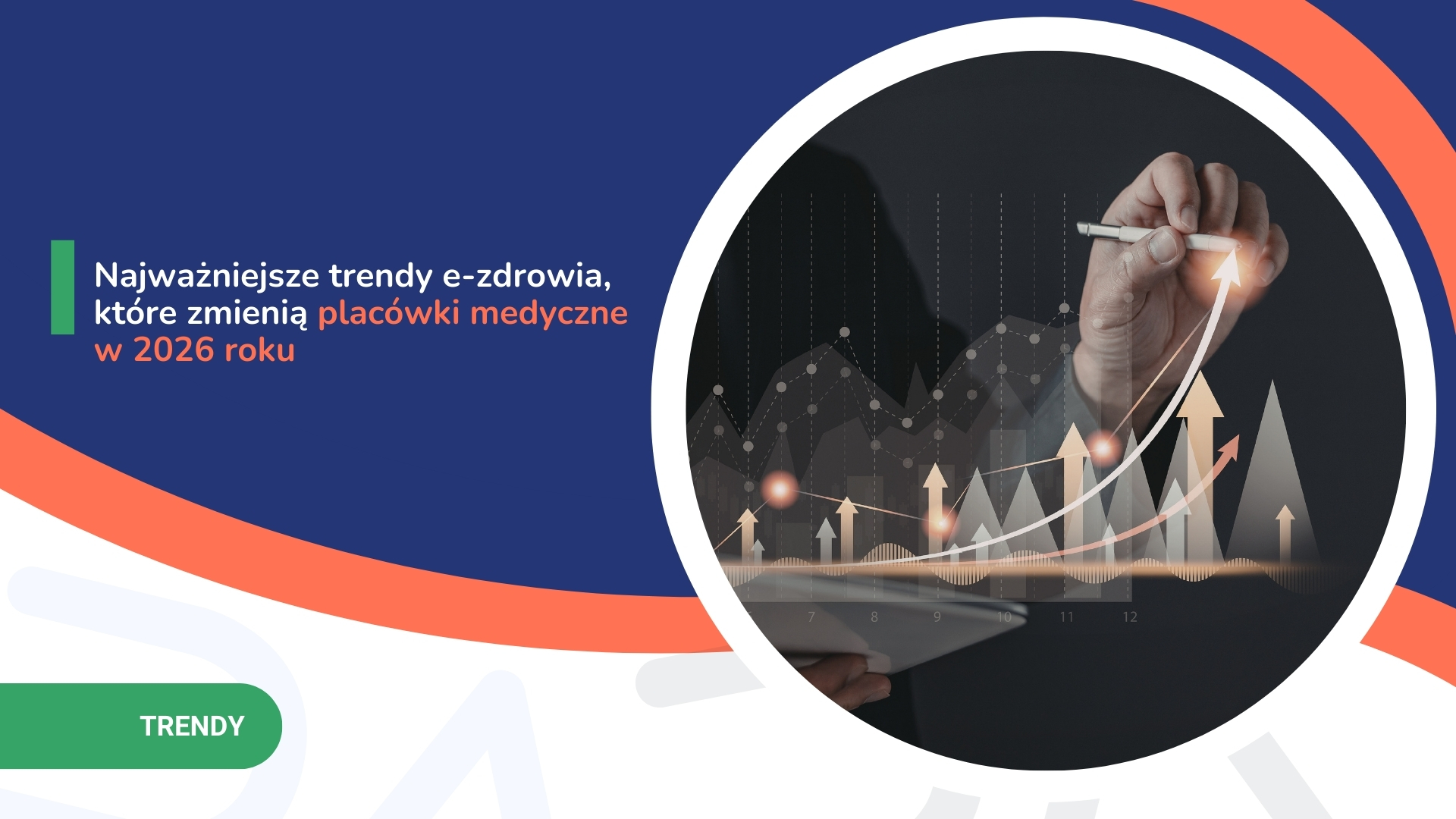 Trendy w e-zdrowiu wpływające na rozwój placówek medycznych w 2026 roku z wykresami wzrostu.