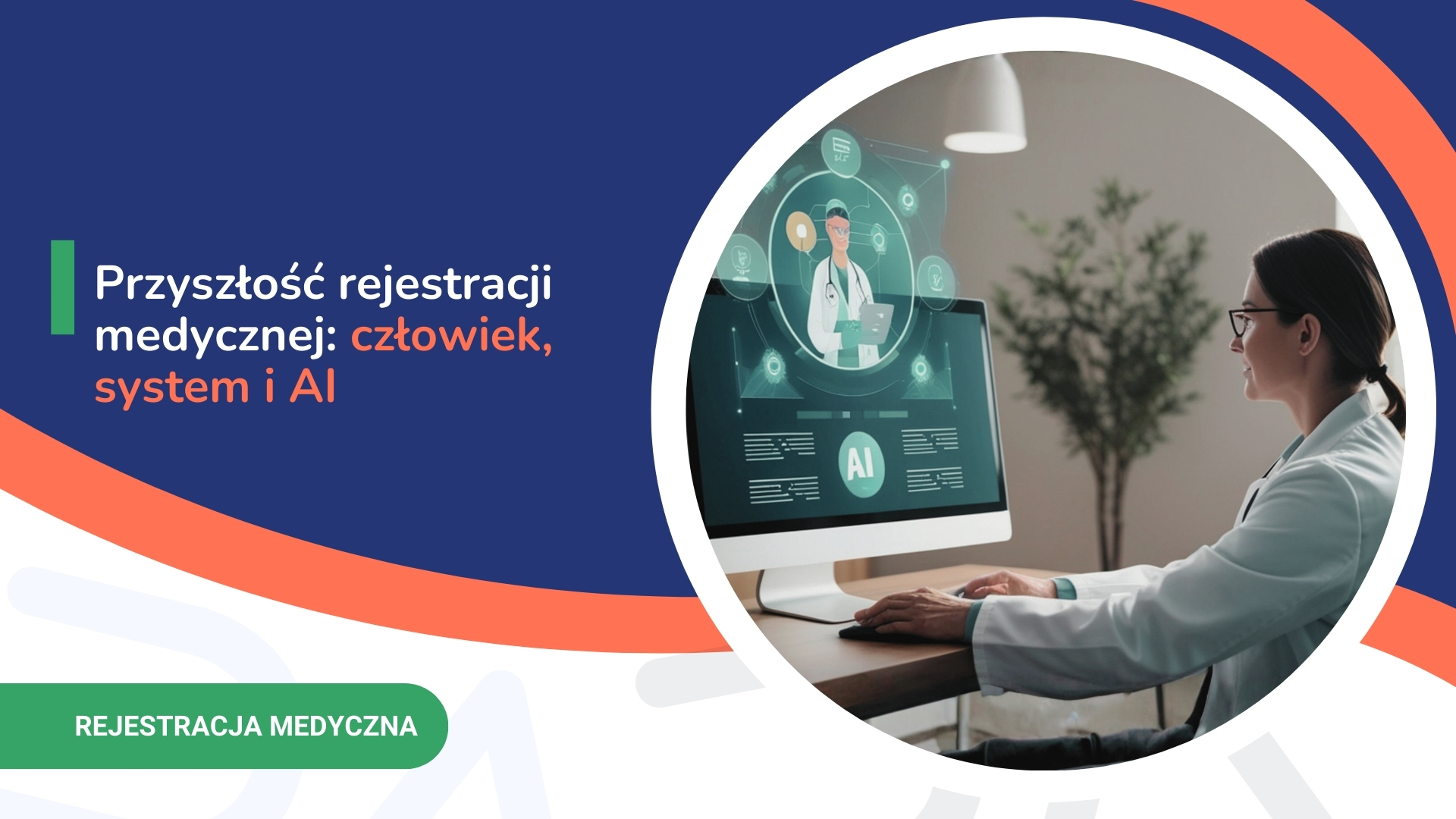 Lekarz w białym fartuchu pracuje przy komputerze z medycznym interfejsem AI na ekranie.
