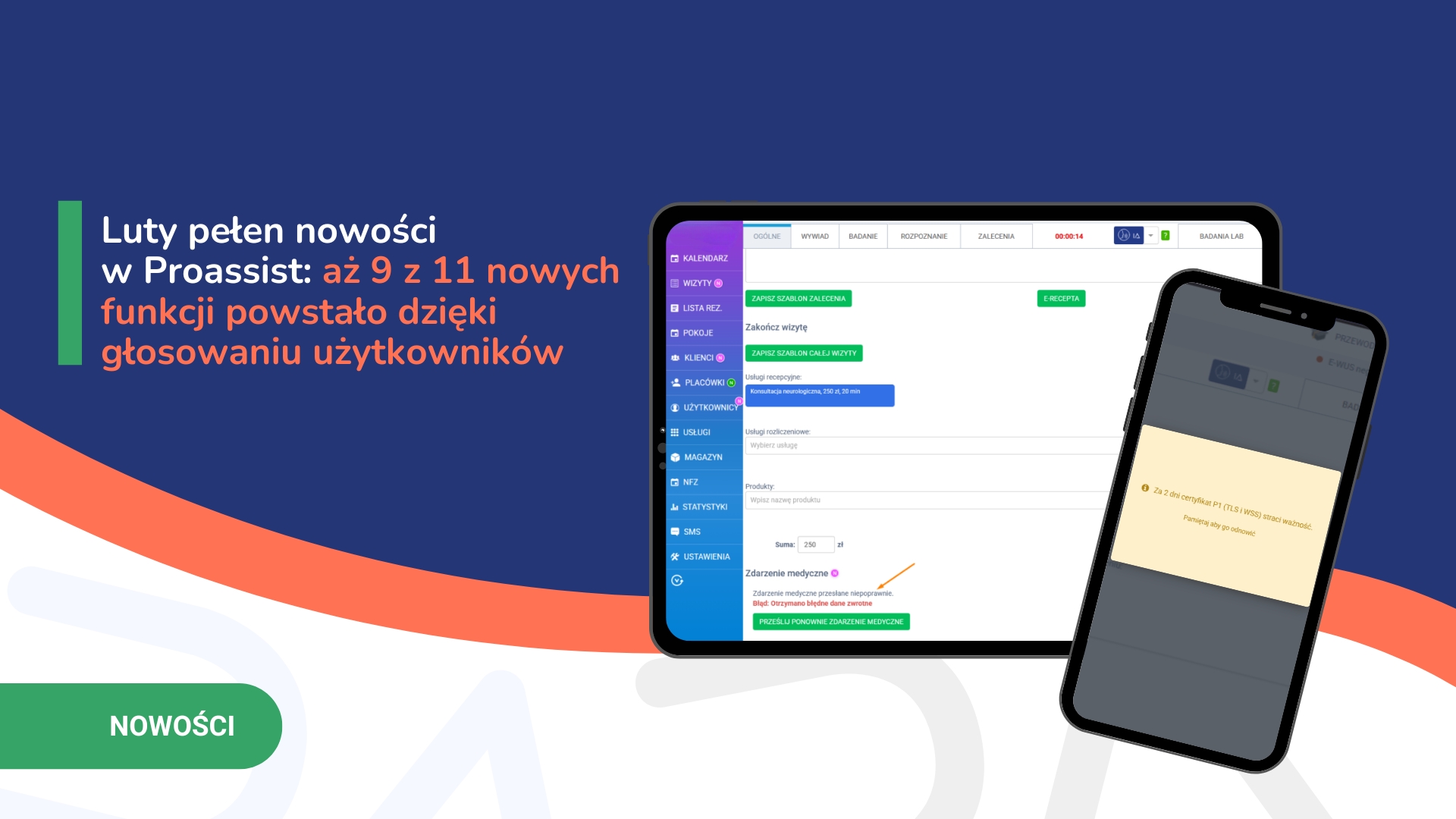 Baner reklamowy z niebieskim tłem, zielonym paskiem i urządzeniami: tablet i smartfon z aplikacjami.