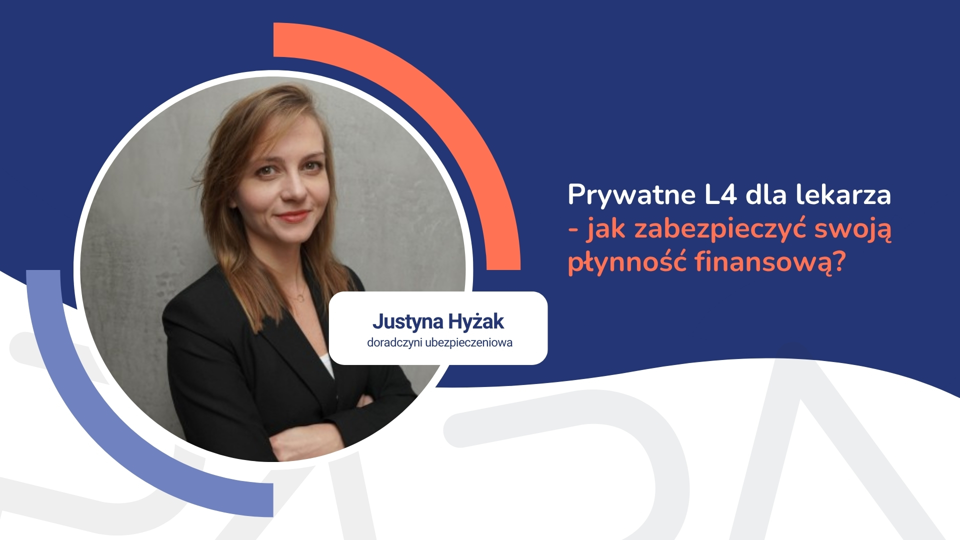Portret kobiety w czarnym żakiecie, tło granatowe z okrągłą ramką; tekst promocyjny po prawej.