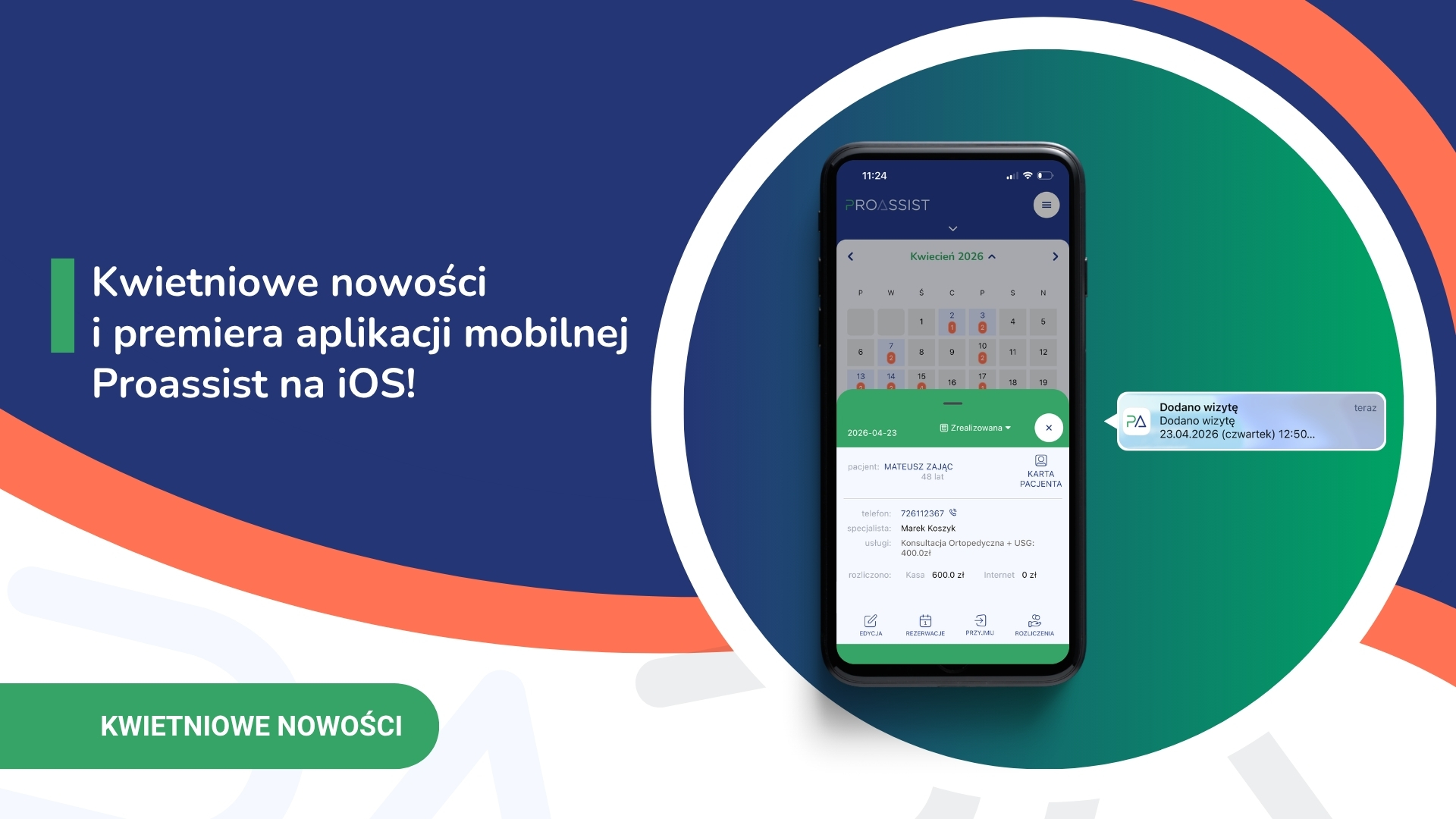 Grafika promocyjna z dużym niebieskim blokiem z tytułem iPhone'em z aplikacją Proassist na tle gradientowych okręgów