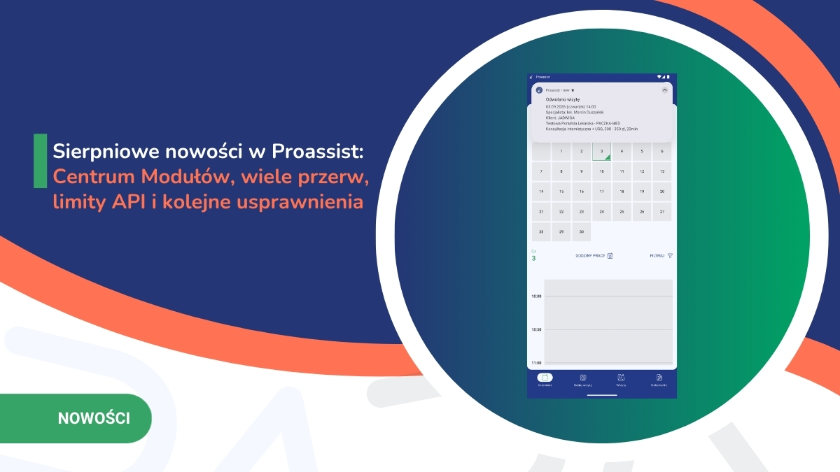 Grafika promocyjna z informacją o sierpniowych nowościach w Proassist: tekst po lewej, duże okrągłe wycięcie z wyświetloną aplikacją kalendarza