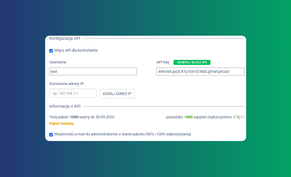 Panel konfiguracyjny API na białej karcie z polami: użytkownik, klucz API, adres IP, przycisk Generuj Klucz API, Sekcja Informacja o API, opcja powiad