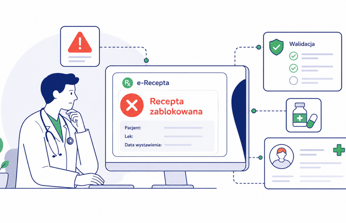 Lekarz siedzący przed komputerem z powiadomieniem „Recepta zablokowana” na monitorze, otoczone ikonami i kartami medycznymi.