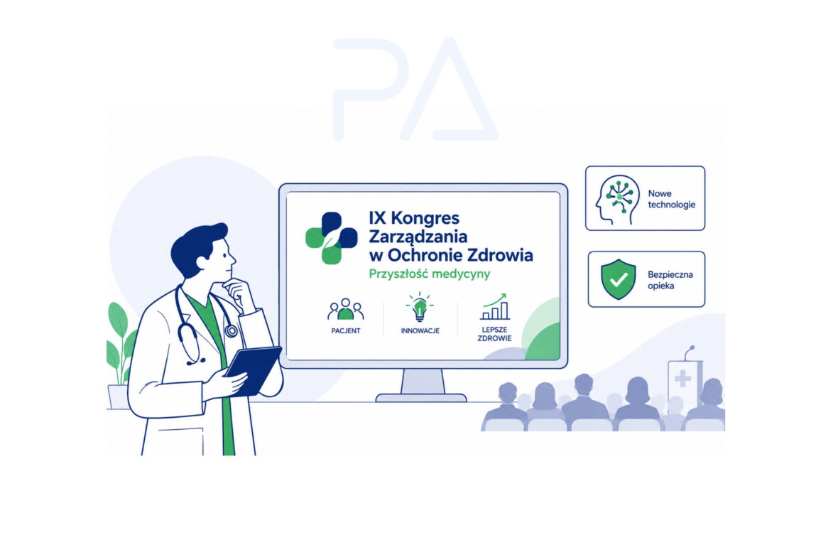 Lekarz w białym kitlu z stetoskopem prezentuje plakat IX Kongres Zarządzania w Ochronie Zdrowia na monitorze podczas wykładu.