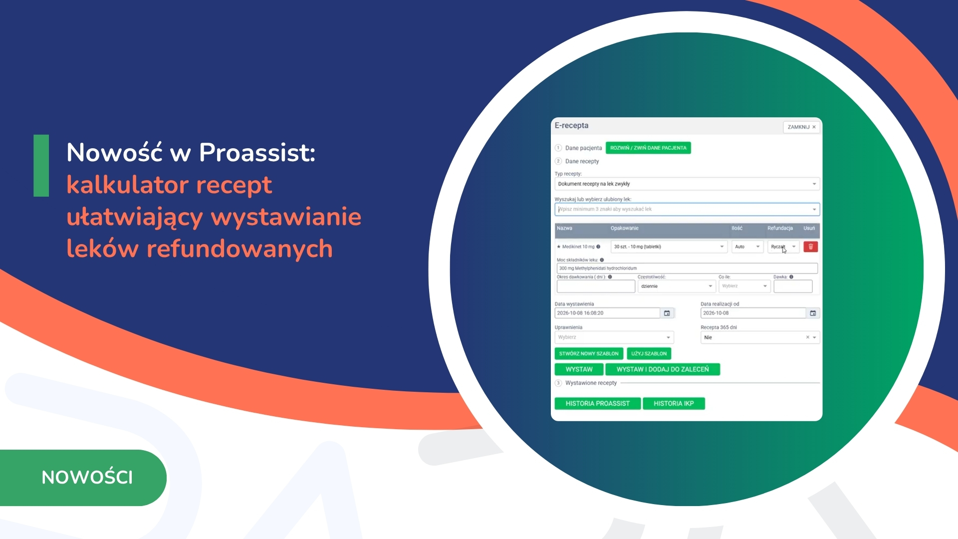 Grafika promocyjna z ciemnoniebieskim tłem, zielonymi i pomarańczowymi akcentami, okrągłą grafiką po prawej i napisem Nowość w
