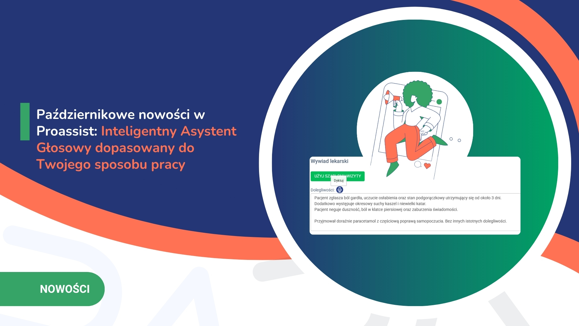 Duży, kolorowy plakat promujący Październikowe nowości w Proassist: Inteligentny Asystent Głosowy, ilustracja postaci i interfejsów.