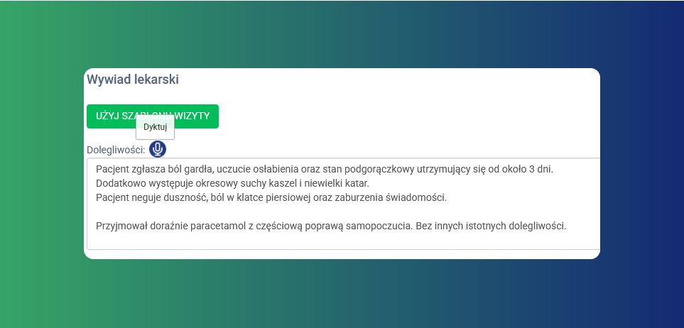 Karta z białą prostokątną sekcją na gradientowym tle, tytuł “Wywiad lekarski” i zielone przyciski, opis symptomów w czterech akapitach.