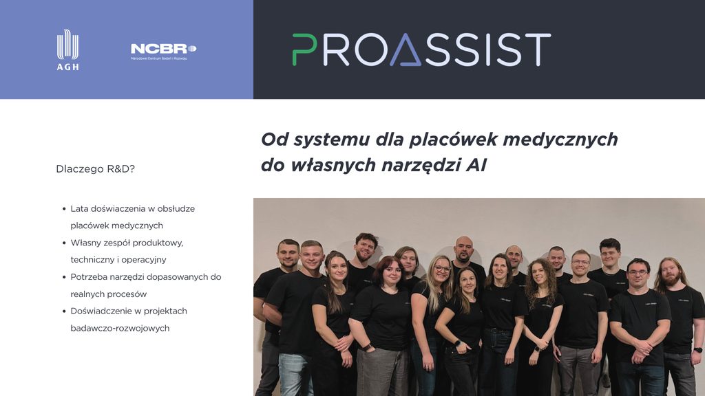 Grupa ludzi w czarnych koszulkach stojących razem na tle białej ściany w środku strony z nagłówkiem i logami PROASSIST.