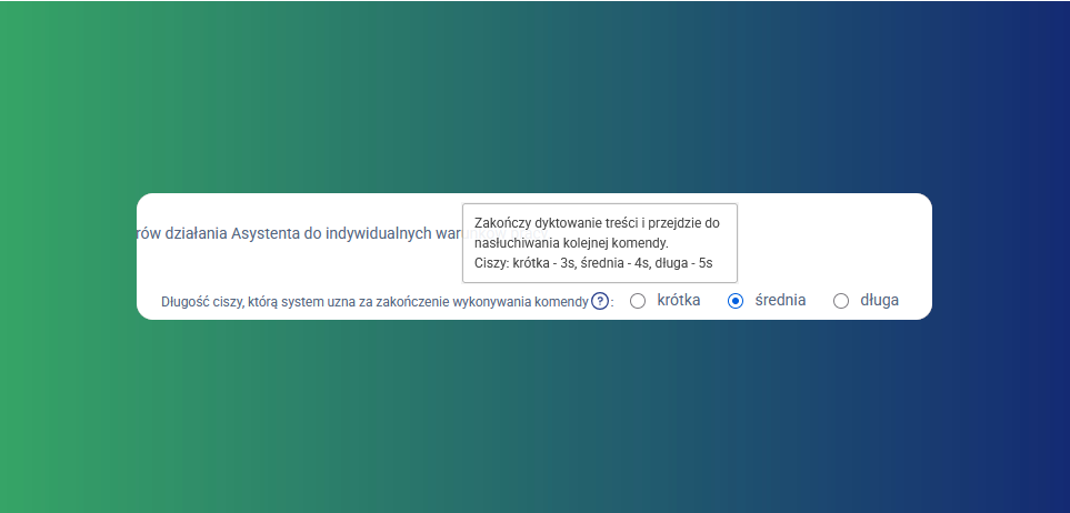 Grafika z gradientem zielono-niebieskim; biała zaokrąglona ramka z instrukcją i wyborem opcji, niewielkie okno dialogowe w środku.