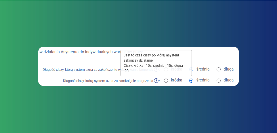 Interfejs z polskim tekstem i radiobuttonami wewnątrz zaokrąglonego białego prostokąta na gradientowym tle.