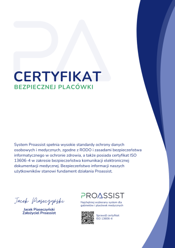 Certyfikat bezpieczeństwa placówki z dużym napisem CERTYFIKAT i zieloną podpowiedzią, logo i QR kodem