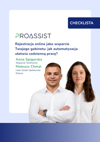 Plakat z logiem PROASSIST, nagłówkiem o treści i zdjęciem dwóch uśmiechniętych osób w białych koszulach, na pastelowym tle z niebieskim gradientem. Z prz