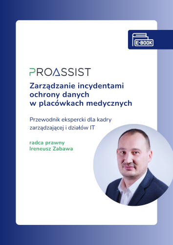 Okładka e-booka: biały prostokąt na gradientowym tle granat–jasny błękit; logo PROASSIST, tytuł po polsku i zdjęcie mężczyzny w okrąg