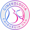 Logo z kobietą i stetoskopem, napis "Ginekologia", "Chirurgia USG", kolory niebieski i różowy.