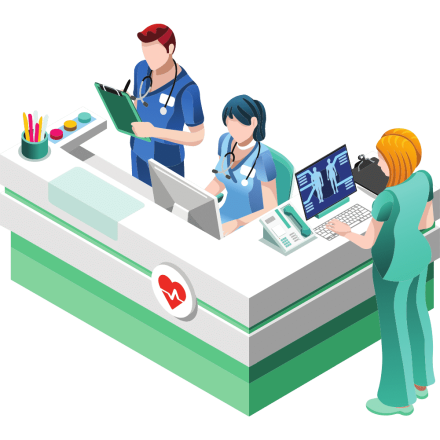 Trzech pracowników medycznych przy recepcji analizuje dokumenty i ekran anatomiczny.