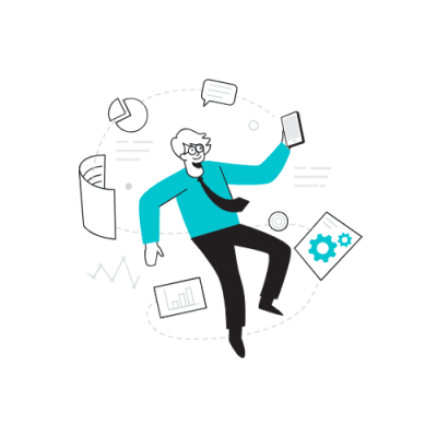 Osoba w okularach z telefonem, otoczona ikonami analizy danych i komunikacji.