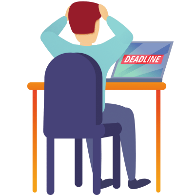 Osoba przy biurku z laptopem, na ekranie napis „DEADLINE”, trzyma się za głowę.