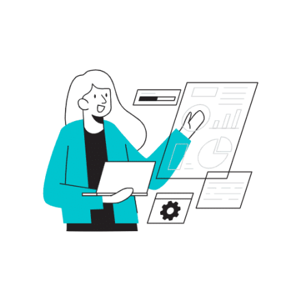 Osoba z laptopem wskazuje na ekran z wykresami, wizualizacją danych.