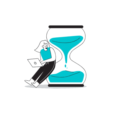 Osoba z laptopem siedząca obok klepsydry z niebieskim piaskiem.