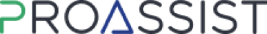 Logo PROASSIST z zielonym łukiem przy literze P i niebieskim trójkątem jako literą A.