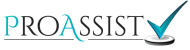 Logo z napisem PROASSIST, niebieska litera A i niebieski ptaszek na szarym tle.
